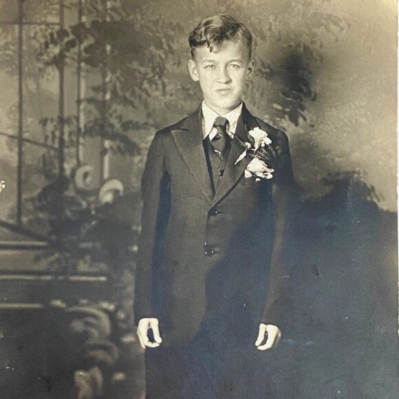 RPPC c1930s Young Boy Suit Tie Argyle Gel Silver AZO Divided Back Postcard - Picture 1 of 5